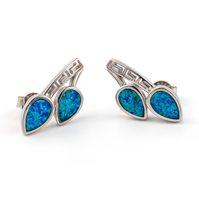 925 avec le bleu principal de Sterling Silver Greek   Boucles d'oreille opales de haute qualité de goujon de feuille de méandre