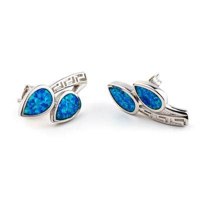 925 avec le bleu principal de Sterling Silver Greek   Boucles d'oreille opales de haute qualité de goujon de feuille de méandre