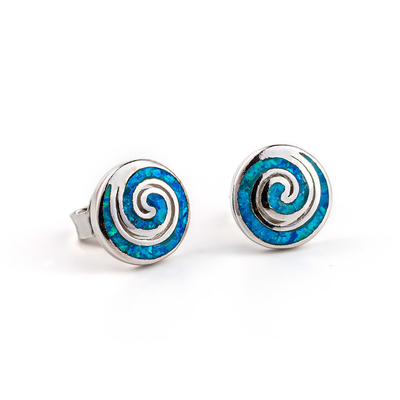 925 avec le bleu principal de Sterling Silver Vintage Greek   Boucles d'oreille en spirale opales de goujon de méandre pour des femmes