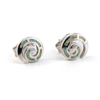 925 avec le bleu principal de Sterling Silver Vintage Greek   Boucles d'oreille en spirale opales de goujon de méandre pour des femmes