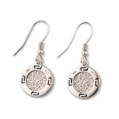 925 avec le bleu principal de Sterling Silver Greek   Le disque opale de Phaistos de méandre balancent des boucles d'oreille de femmes