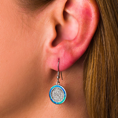 925 avec le bleu principal de Sterling Silver Greek   Le disque opale de Phaistos de méandre balancent des boucles d'oreille de femmes