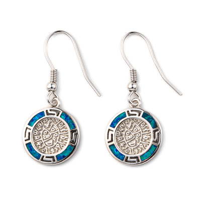 925 avec le bleu principal de Sterling Silver Greek   Le disque opale de Phaistos de méandre balancent des boucles d'oreille de femmes