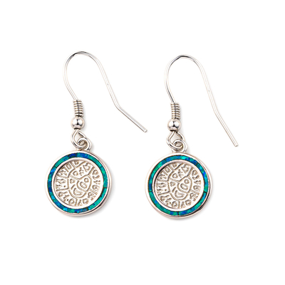 925 avec le bleu principal de Sterling Silver Greek   Le disque opale de Phaistos de méandre balancent des boucles d'oreille de femmes