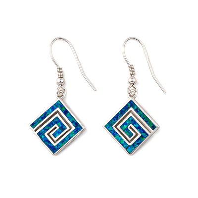 925 avec le bleu principal de Sterling Silver Greek   Le disque opale de Phaistos de méandre balancent des boucles d'oreille de femmes