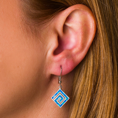 925 avec le bleu principal de Sterling Silver Greek   Le disque opale de Phaistos de méandre balancent des boucles d'oreille de femmes