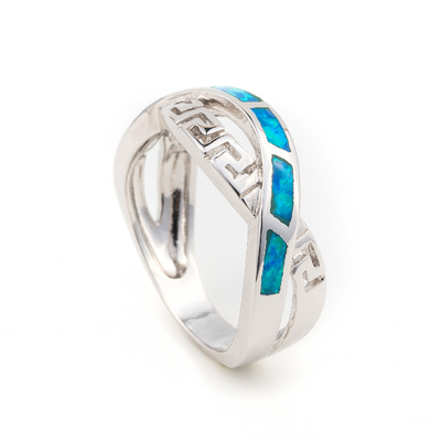 925 avec le bleu naturel principal de Sterling Silver Greek   Méandre Ring Real Fire Opal Jewelry opale