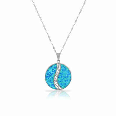 Collier pendant en spirale simulé bleu de 25 Sterling Silver Opal Greek Key Meander Meandros