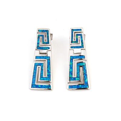 925 avec la clé Garnet Stud Meander Opal bleu naturel de Sterling Silver Greek   Boucles d'oreille pour des femmes