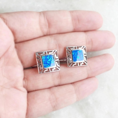 925 avec le méandre opale grec et l'Emerald Square Cufflink Earrings de Sterling Silver Bule
