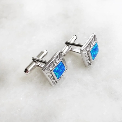 925 avec le méandre opale grec et l'Emerald Square Cufflink Earrings de Sterling Silver Bule