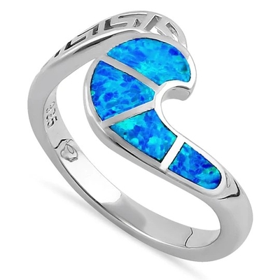 Conception moderne Opal Ring For Women bleu de vague de clé de méandre du grec ancien de Sterling Sliver 925