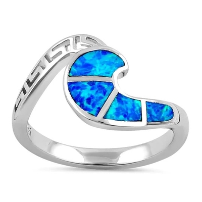 Conception moderne Opal Ring For Women bleu de vague de clé de méandre du grec ancien de Sterling Sliver 925