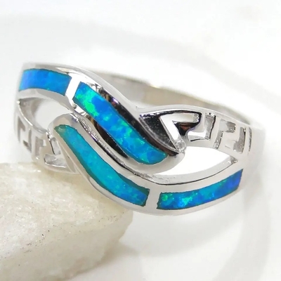 Bracelet bleu d'Opal Gemstone Bangle Blue Opal du feu de Sterling Silver Jewelry Greek Key du style grec 925