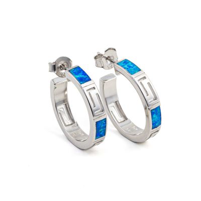 Personnalisation en gros 925 boucles d'oreille principales de cercle de Sterling Silver Blue Opal Greek demi pour des femmes