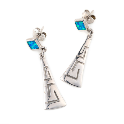 Avec Sterling Blue Opal Dangle Earrings avec les boucles d'oreille uniques principales grecques de conception de cru pour des femmes