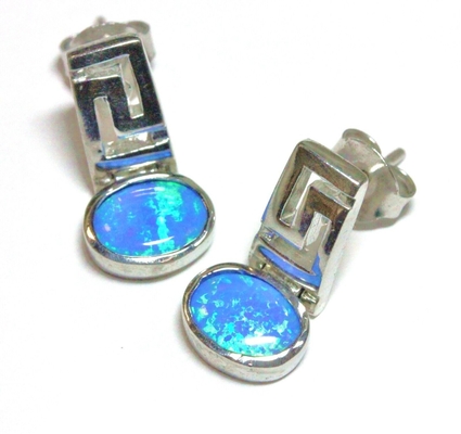 Rétros Opal Greek Key Dangle Earrings bijoux bleus de qualité de 925 Sterling Silver Meander Modern Design