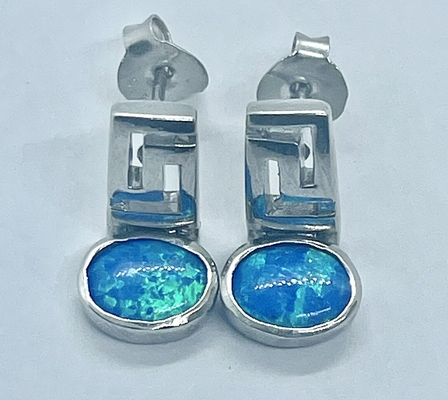 Rétros Opal Greek Key Dangle Earrings bijoux bleus de qualité de 925 Sterling Silver Meander Modern Design