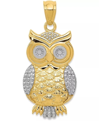 Owl Charm Bead Pendant texturisé en or 14K avec du rhodium plaquant pour des femmes