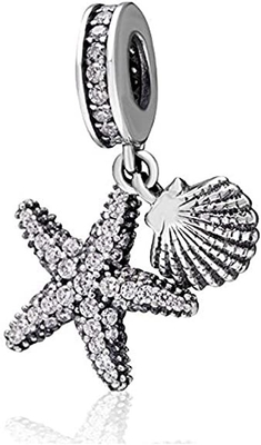 Étoiles de mer et mer tropicales Shell Hanging Charm - 925 Sterling Silver Beads - bracelet européen de charme de perle de style