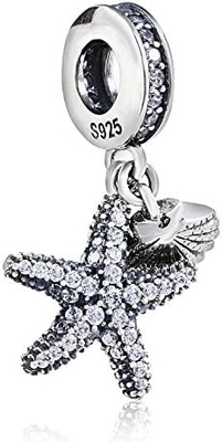 Étoiles de mer et mer tropicales Shell Hanging Charm - 925 Sterling Silver Beads - bracelet européen de charme de perle de style