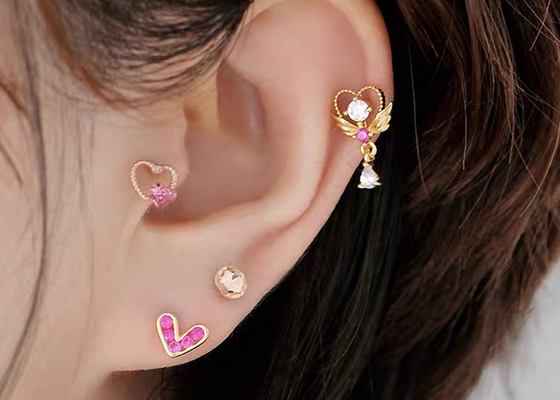 or Diamond Cartilage Earrings, OEM perçant de 0.126ct 14k de boucles d'oreille de l'hélice 14pcs