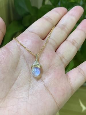 Collier naturel hexagonal de Moonstone, longueur à chaînes du collier 14inch de câble de l'or 14k