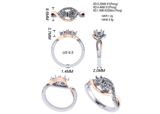 ODM romantique du carat argenté 2 Tone Color de l'anneau 9 de la coupe ronde 9K pour le mariage