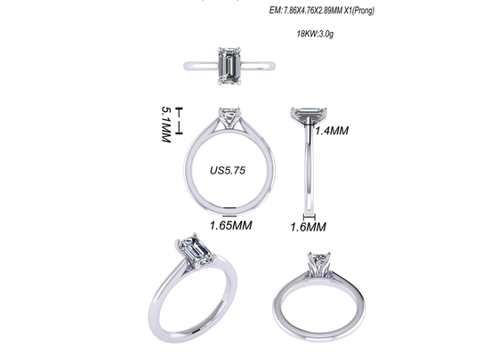 1,05 bijoux d'or massif de Ct 14K, Emerald Cut Diamond Engagement Rings EM7.86×2.89MM
