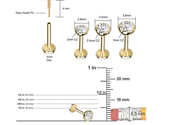 Les boucles d'oreille perçantes de bijoux de corps stérile d'or vissent le diamètre 3×3mm de style