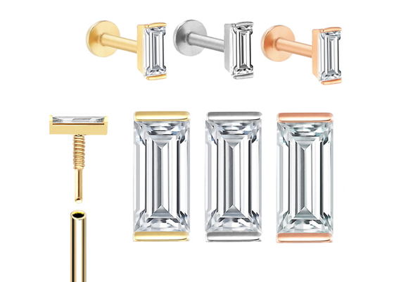 ODM d'OEM perçant de boucle d'oreille de bijoux de corps de l'or 14K avec le diamant de rectangle