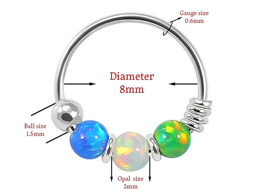 Le cercle du diamètre 8mm flairent perçant, nez Ring With d'or blanc 3 morceaux d'ODM d'Opal Stones