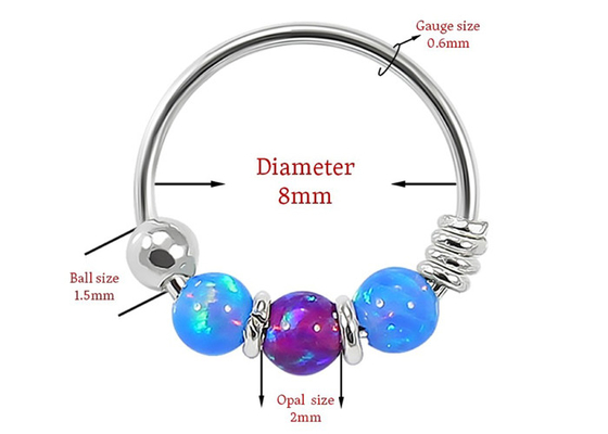 Le cercle du diamètre 8mm flairent perçant, nez Ring With d'or blanc 3 morceaux d'ODM d'Opal Stones