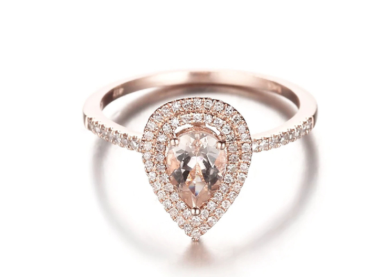 La poire a coupé le double ODM du poids 0.79ct de la bague de fiançailles 6×9MM de Morganite de halo