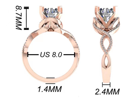 Coupe ronde brillante d'ODM 18K Rose Gold Ring 9mm pour le cadeau de mariage