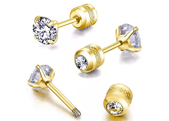 Boucles d'oreille arrières plates de goujon de l'or 14k hypoallergénique avec le diamant rond 4mm minuscule de 2mm