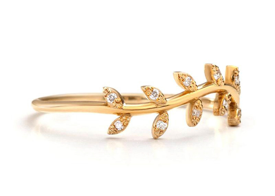 14K l'or jaune Olive Branch Diamond Ring Round a coupé la taille de 1.2mm