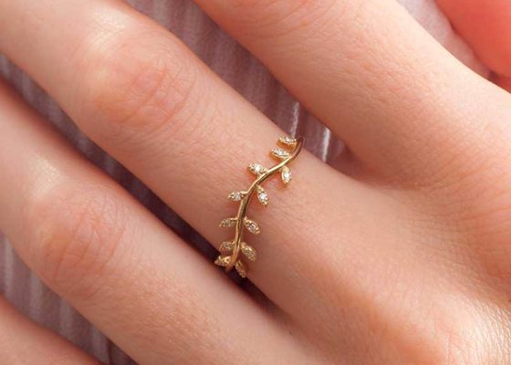 14K l'or jaune Olive Branch Diamond Ring Round a coupé la taille de 1.2mm