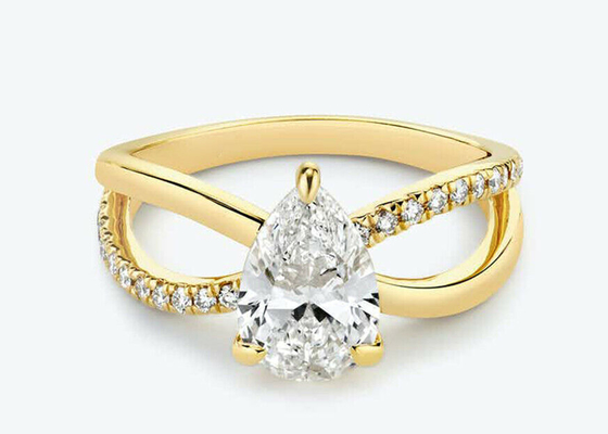 Anneaux d'or jaune de la coupe 9k de poire avec la dimension de RD 6×9mm de diamant de laboratoire