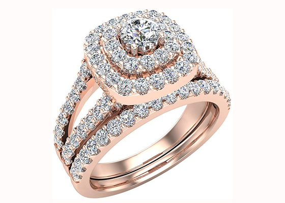 Forme de coussin de style de halo de 0.79CT 79PCS Diamond Engagement Wedding Rings Double